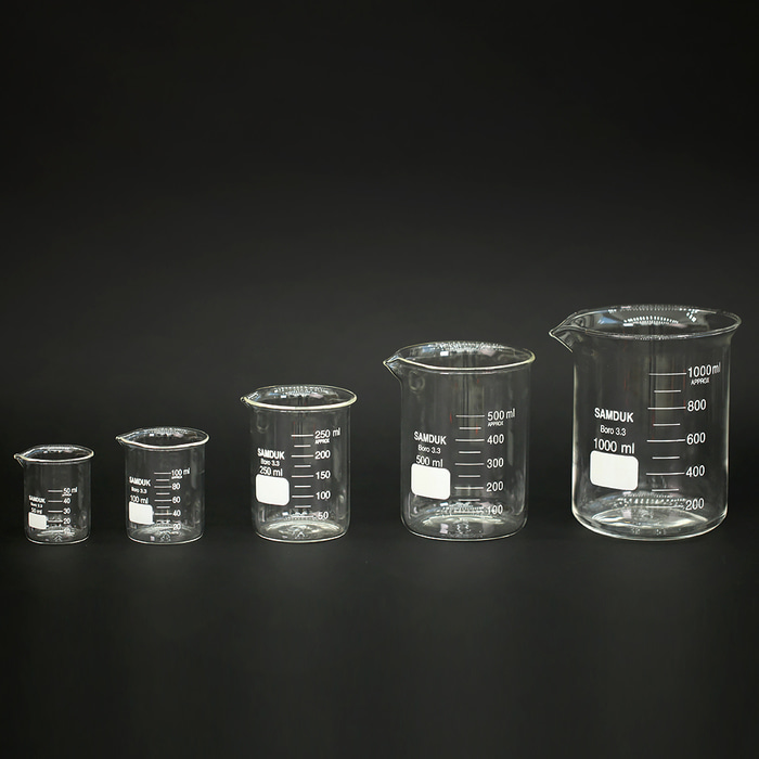 왓솝,국산 유리비커 계량컵  5종 모음 강화 내열 실험실 연구실 종이컵계량 이유식 톨비이커